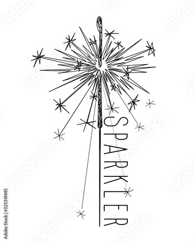  Abstract closeup of sparkler on white background. Sparkler vector firework. New year, Christmas, birthday. Bengal light. Flat black illustration on light background. Line art.