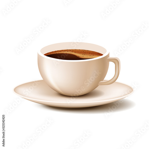 Cup Coffee with Saucer on White Background. Natural Coffee. Vector Illustration. Nature Composition. Chocolate Candies. Confectionery Delicious. Often and Saucer. Coffee with Frothy. Black Coffee.