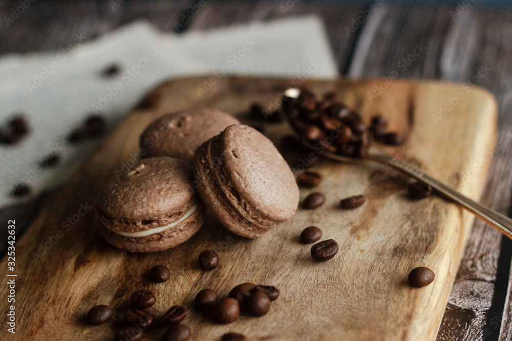 Fototapeta Macaroons. Delicious french dessert. Romantic composition with coffee and other elements.