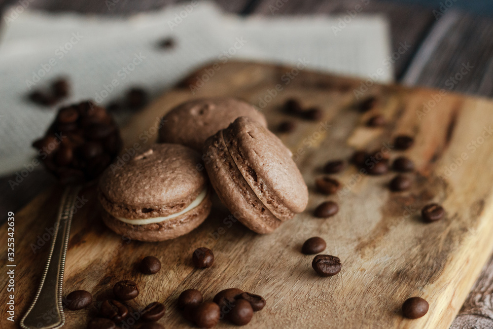 Fototapeta Macaroons. Delicious french dessert. Romantic composition with coffee and other elements.
