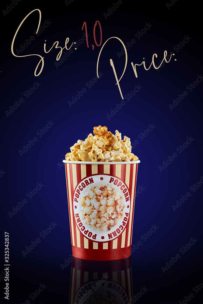 Glass of popcorn with a volume of 1.0 liters on a dark background with a blue gradient. The volume and location for the cost are shown on the top.