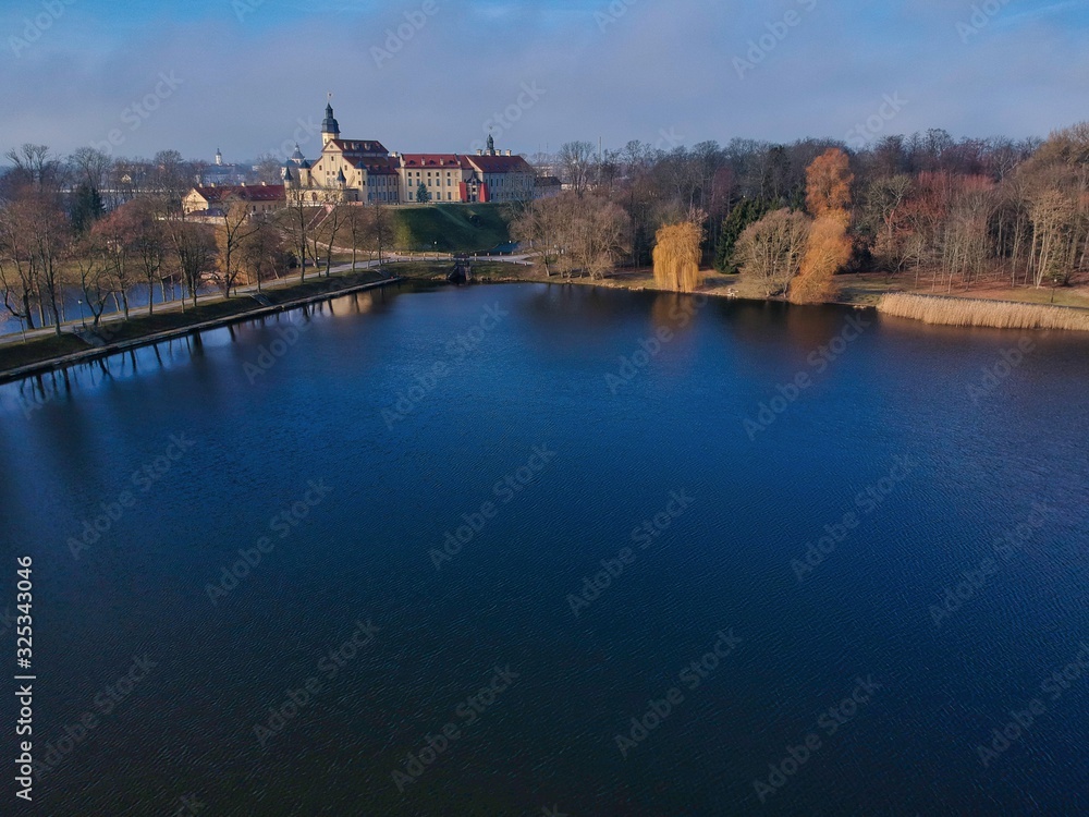 Aerial view of Nesvizh park and castle in Belarus