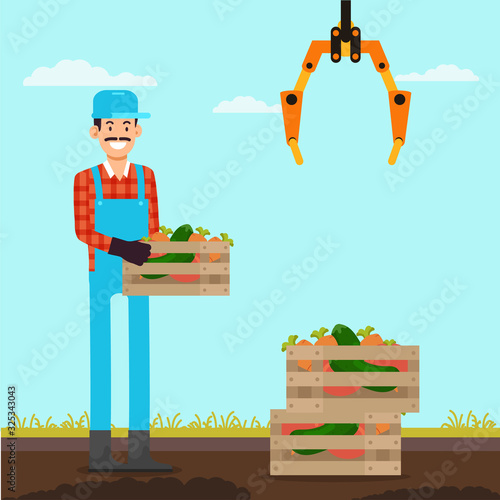 Smiling Farmer with Boxes Vegetables in Loading Area. Happy Man in Uniform and Cap at Field. Vector Illustration. Recruitment Agency. Recruiting Director Selection. Agricultural Sector.