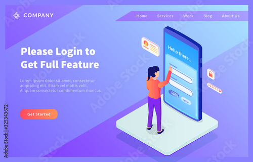 secure login concept in smartphone with woman access username and password with isometic style