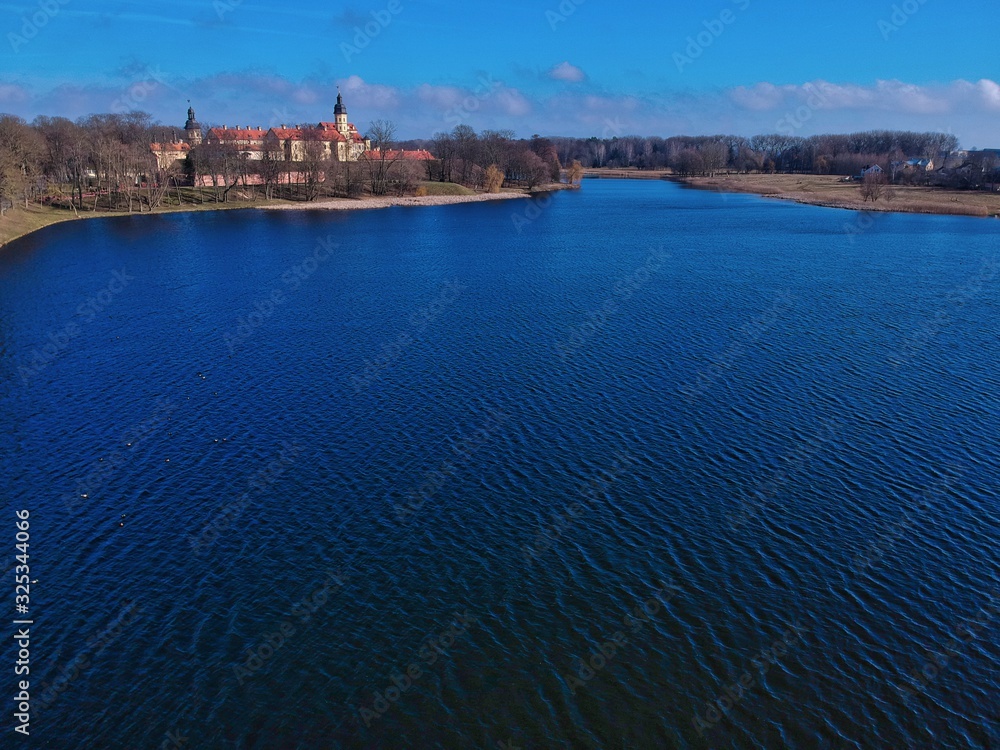 Obraz premium Aerial view of Nesvizh park and castle in Belarus