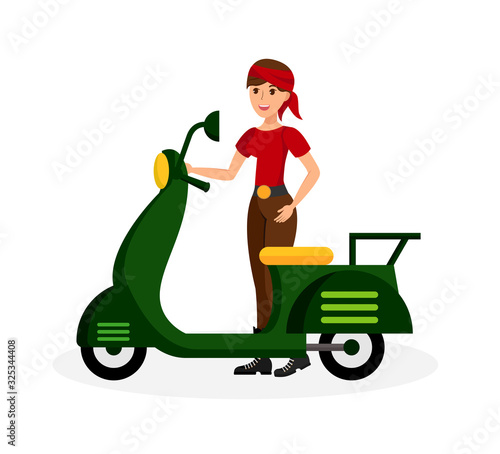 Smiling Lady with Scooter Flat Color Illustration. Young Woman in Casual Clothes Cartoon Character. Cheerful Girl in Headband with Motorbike. Personal Transportation for Travel, Tourism