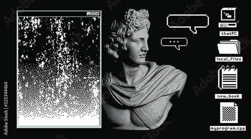 Pixel art ilustration with marble sculpture, Apollo Belvedere bust. Vaporwave and retrowave style collage, postmodern aesthetics of 80's-90's.