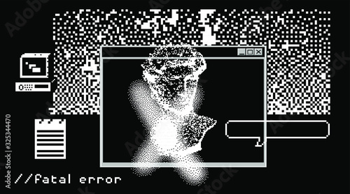 Pixel art ilustration with retro 80's UI and UX elements. Vaporwave and retrowave style collage.