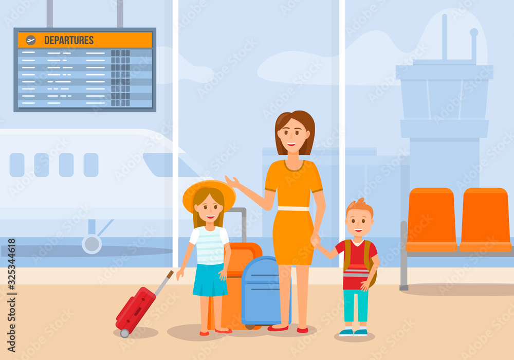 Happy Family at Airport Waiting for Flight. Mother, Son and Daughter Stand at Arrival and Departure Monitor in Waiting Area in Terminal. Voyage on Summertime Vacation. Cartoon Flat Vector Illustration Happy Family at Airport Waiting for Flight. Mother, Son and Daughter Stand at Arrival and Departure Monitor in Waiting Area in Terminal. Voyage on Summertime Vacation. Cartoon Flat Vector Illustration