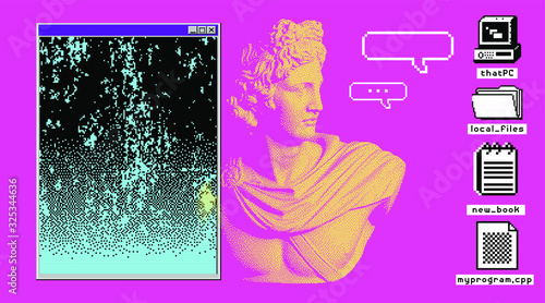 Pixel art ilustration with marble sculpture, Apollo Belvedere bust. Vaporwave and retrowave style collage, postmodern aesthetics of 80's-90's.