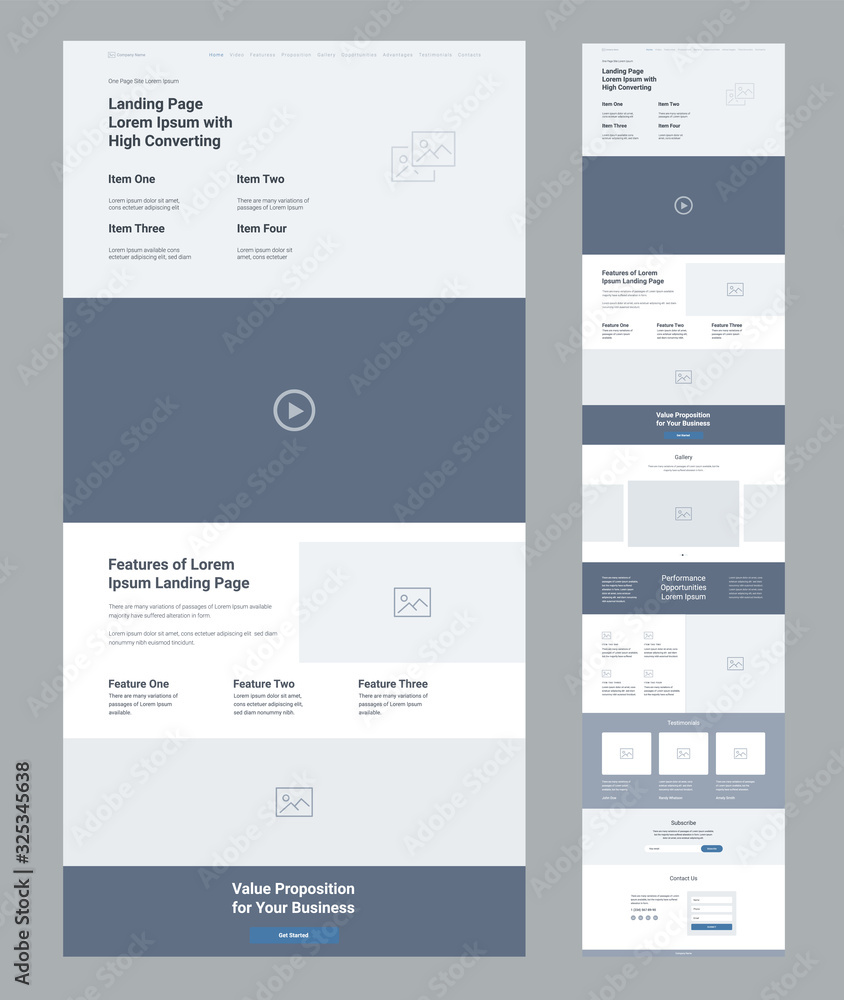 Landing page wireframe design for business. One page website layout ...