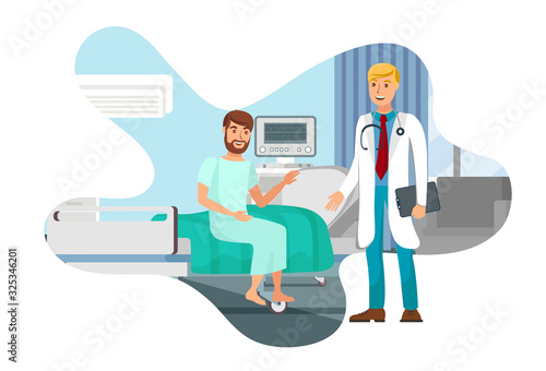 Hospital Room Flat Isolated Vector Illustration. Young Man Sitting on Bed, Doctor with Stethoscope Cartoon Characters. Patient Therapy, Rehabilitation. Recovery. Medical Examination. Design Element
