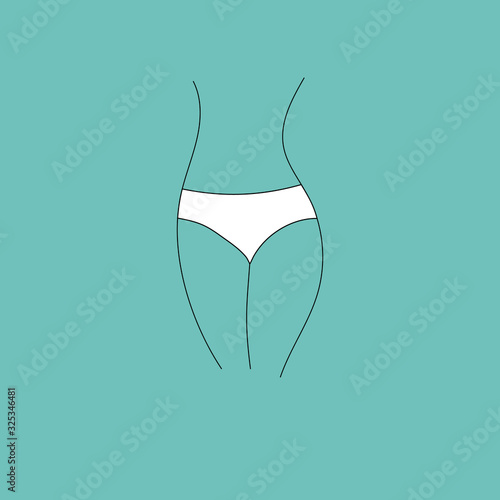 Hand drawn vector illustration of fragment womans lowers body silhouette hips in white panties on light blue background. Health menstruation hygiene concept