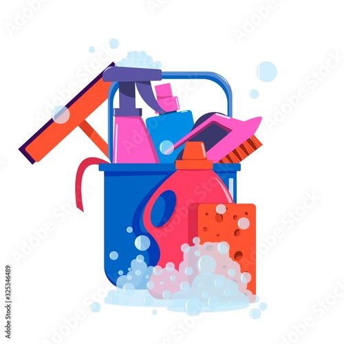 A set of tools for cleaning rooms. Bucket, brushes, household cleaning products, rag and sponges.