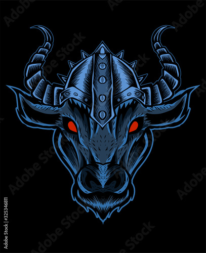 Bull head with viking hat on black background-vector illustration design