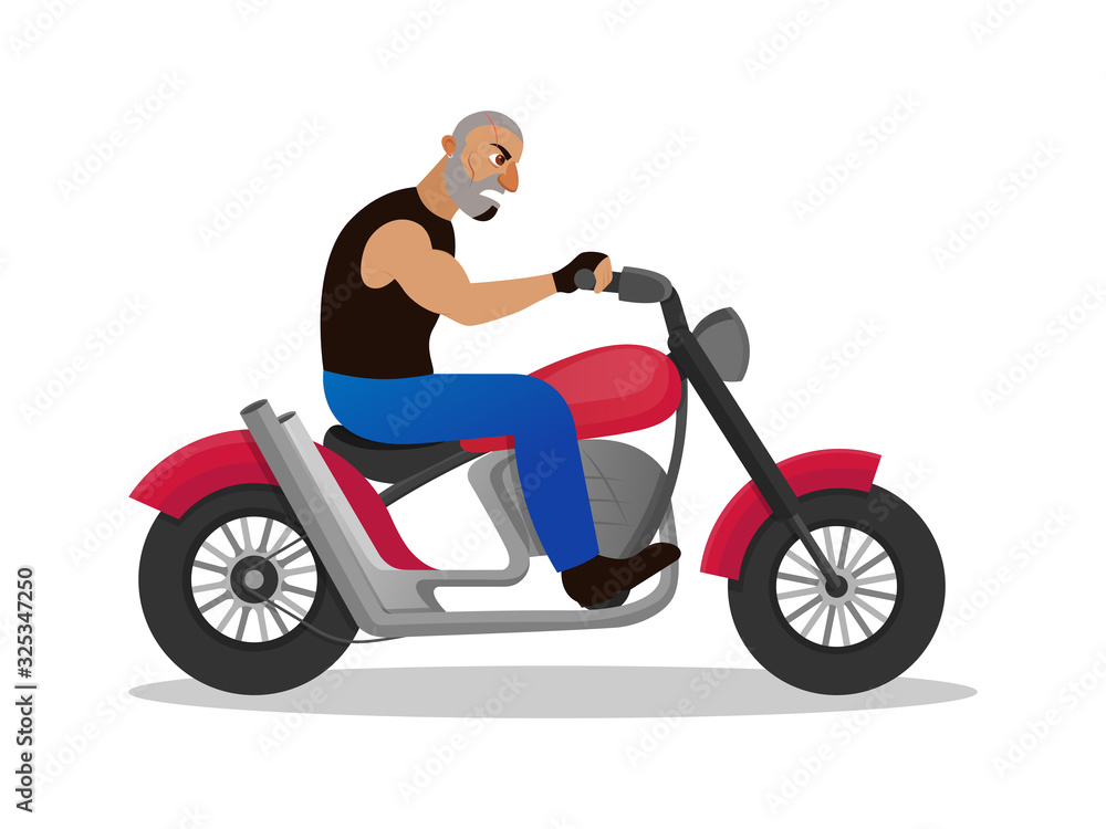 Biker Riding Motorbike Isolated on White Background. Mature Male Character with Scars on Angry Face Driving Modern Motorcycle. Cinema Hero, Movie Film Actor, Cartoon Flat Vector Illustration, Clip Art