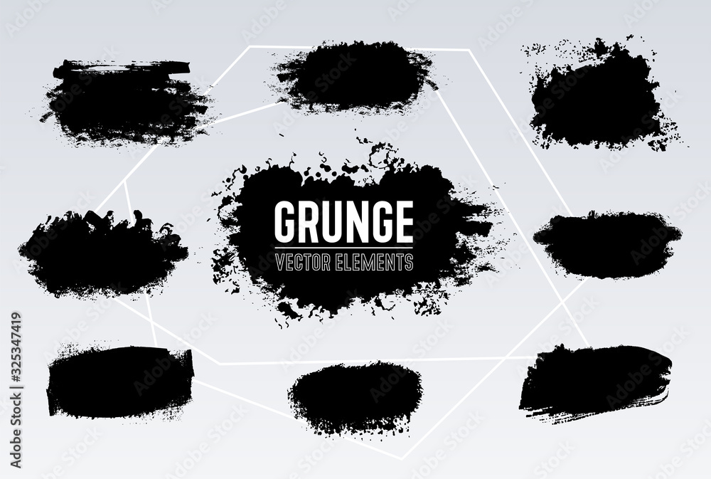 Black grunge brush on light background. Hand painted vector element. Color ink drawing abstract dirty blot. Artistic design place for your text, quote, information, company name.