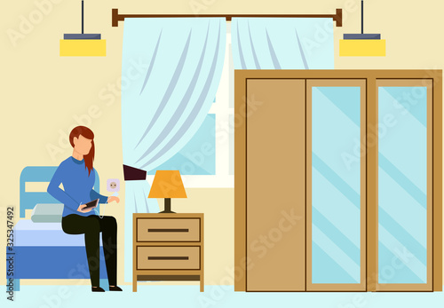 Cartoon Woman Sit on Bed, Charge Mobile Phone in Bedroom Vector Illustration. Hotel Appartment Interior. Motel Suite Hostel Room Reservation. Vacation Travel Trip. Internet Online Order