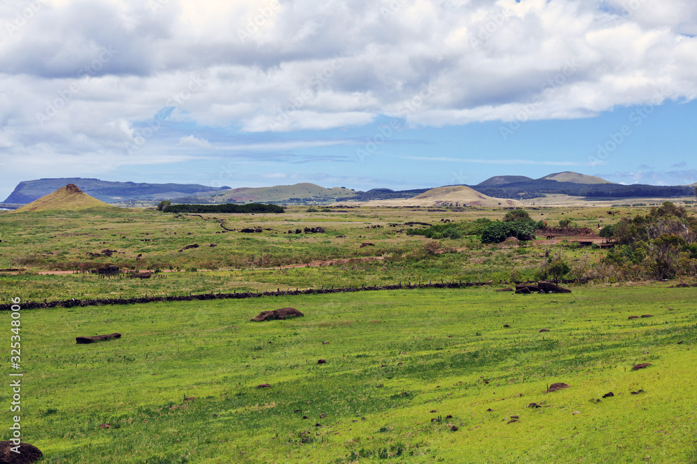Rapa Nui. The view on valley close Rano Raraku on Easter Island, Chili