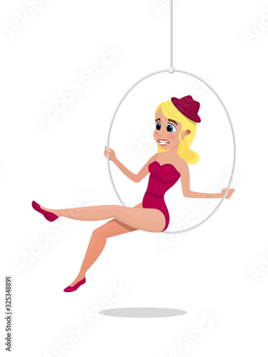 Beautiful Aerial Female Gymnast Wearing Hat and Maillot on Ring. Cartoon Actress Character. Graceful Woman Acrobat Performing Trick, Posing on Hoop. Vector Cinema Gymnastic Hero Illustration