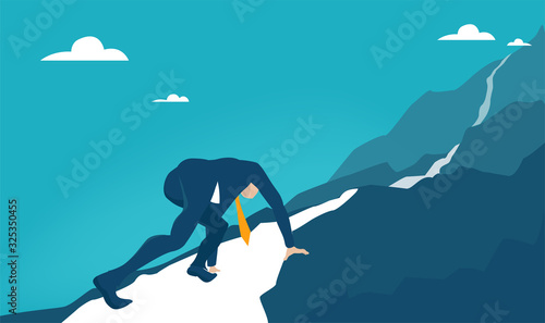 Fototapeta Naklejka Na Ścianę i Meble -  Businessman at the start line lady to run on top of the mountain. Business concept illustration