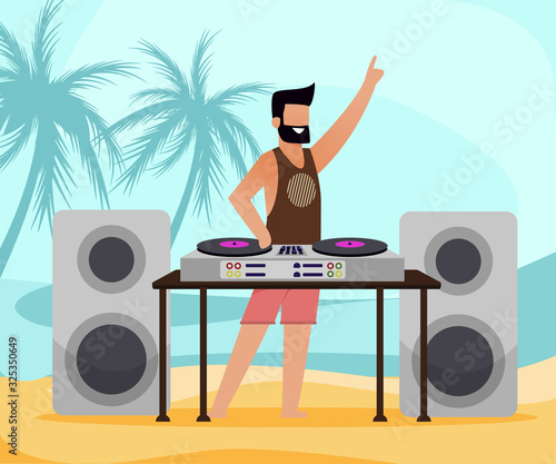 Bearded DJ with Equipment on Tropical Sand Beach with Palm Trees. Flat Cartoon MAle Disk Jockey Character Loudspeakers, Subwoofer, Turntables and Mixer. Dance Music Open Air Party Vector Illustration