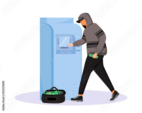 ATM fraud flat color vector faceless character. Cybercrime. Man in hoodie stealing money from cash machine. Finance theft. Card security. Isolated cartoon illustration