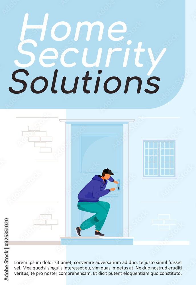 Home security solutions poster flat vector template. Theft protection. Lock picking. Illegal entry. Brochure, booklet one page concept design with cartoon characters. Flyer, leaflet