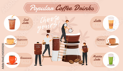 Popular coffee drinks flat color vector informational infographic template. Poster, booklet, PPT page concept design with cartoon characters. Advertising flyer, leaflet, info banner idea