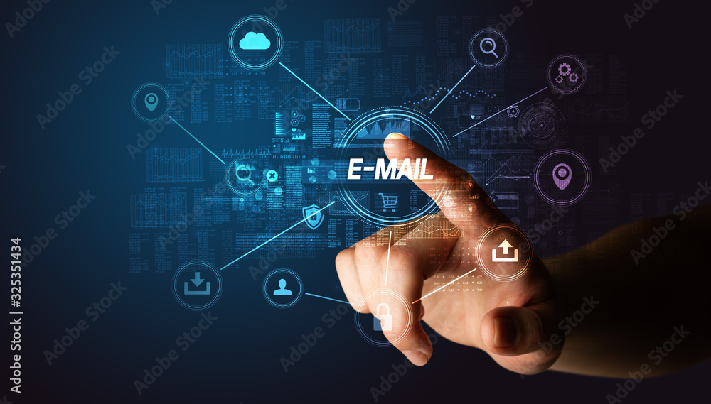 Hand touching E-MAIL inscription, Cybersecurity concept Hand touching E-MAIL inscription, Cybersecurity concept