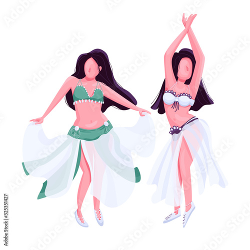 Belly dancers flat color vector faceless character. Exotic bellydance female performers. Two women in traditional oriental costume isolated cartoon illustration for web graphic design and animation