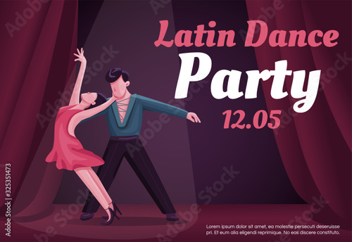 Latin dance party banner flat vector template. Brochure, poster concept design with cartoon characters. Rumba competition, tango classes horizontal flyer, leaflet with place for text