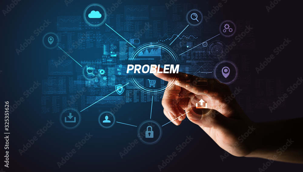 Hand touching PROBLEM inscription, Cybersecurity concept Hand touching PROBLEM inscription, Cybersecurity concept