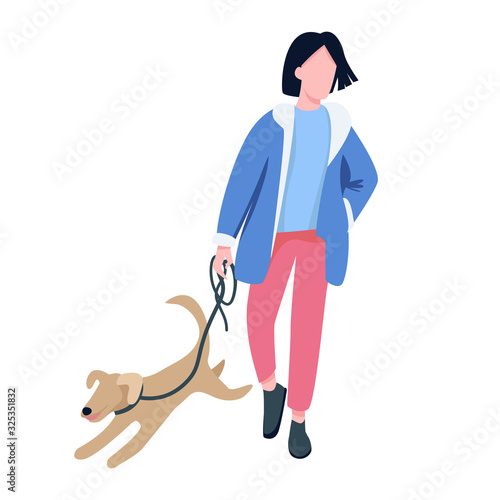 Man walking with dog flat color vector faceless character. Pet owner, dog lover strolling with playful puppy outdoors isolated cartoon illustration for web graphic design and animation