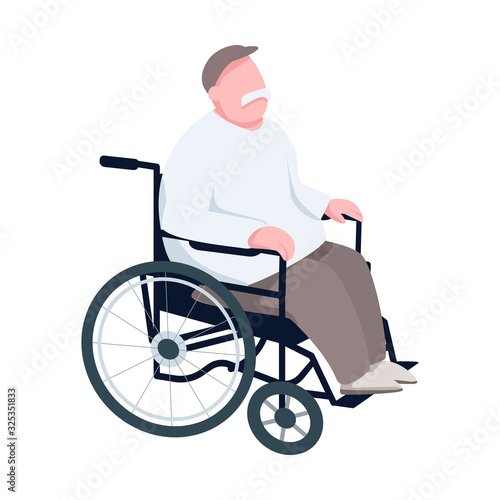 Pensioner in wheelchair flat color vector faceless character. Senior man, elderly disabled individual, paraplegic grandfather isolated cartoon illustration for web graphic design and animation