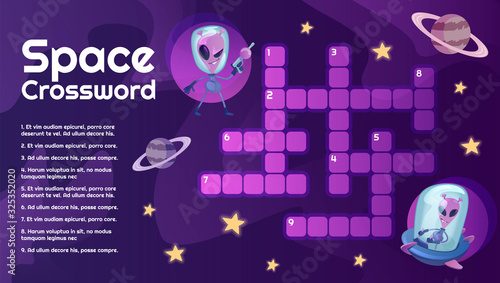 Space crossword with cartoon character template. Cosmos, Universe, planets and UFO educational kids game with questions. Celestial bodies and extraterrestrial printable flat vector layout photo