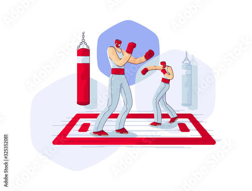 Two Young Man are practicing punches in Mixed Martial Arts Class in Fitness Club