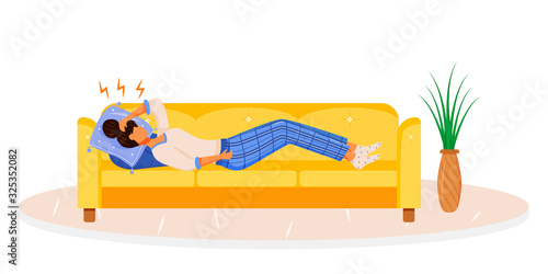 Headache flat color vector faceless character. Woman suffering migraine. Female with chronic stress on couch. Tired person lying on sofa. Symptom of disease isolated cartoon illustration