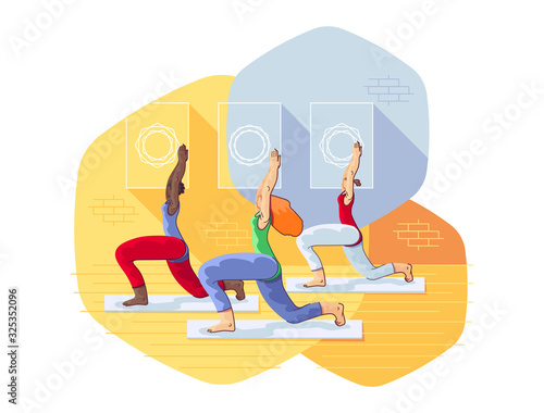 Young Mixed Race Women are Practicing Yoga indoors in Fitness Club
