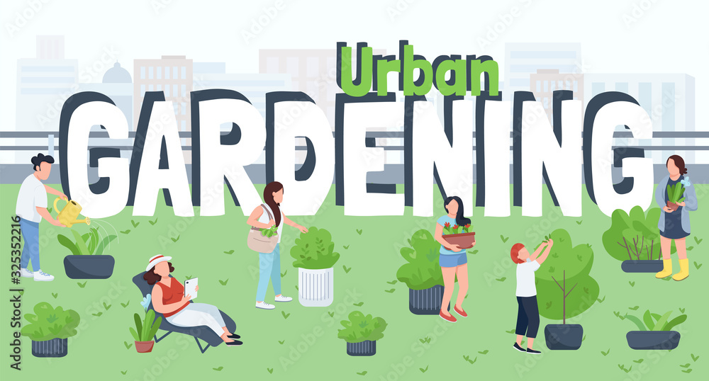 Urban gardening, landscaping flat color vector illustration. City greening, nature care. People caring plants, gardeners, male and female workers 2D cartoon characters on cityscape background