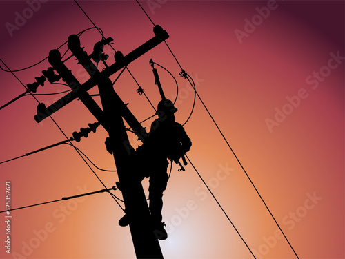 Silhouette of power lineman closing a single phase transformer on energized high-voltage electric power lines.