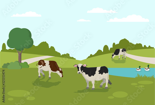 Cow Grazing on Bank Duck Swim in River Vector Illustration. Animal Farm Cattle Livestock on Field. Summer Countryside Landscape Tree Pond Blue Sky. Healthy Organic Dairy Milk Products.