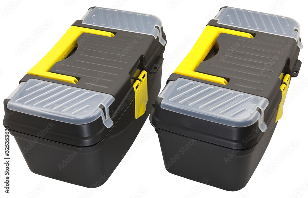 black plastic tool boxes isolated on white black plastic tool boxes isolated on white