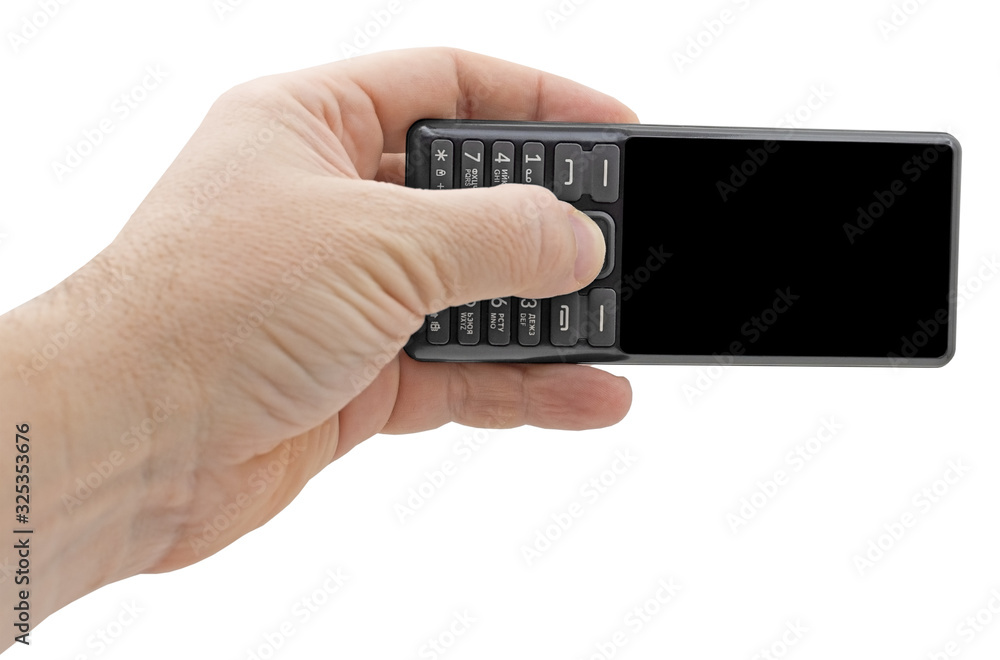 Close up hand holding black phone isolated on white Close up hand holding black phone isolated on white