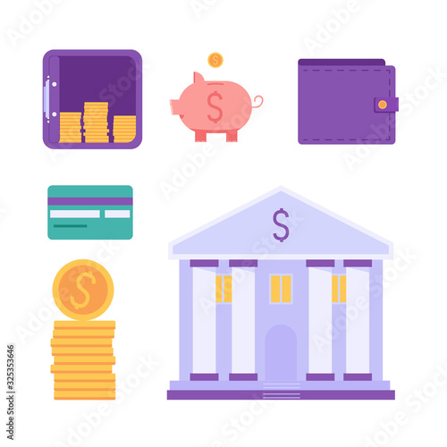 Bank elements. Set of money, piggy bank, bank building with coins and credit card. Concept of banking, saving money, deposit, cash. Vector illustration in flat design for UI, web banner, mobile app