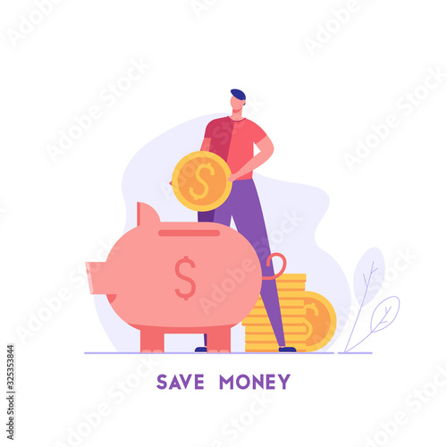 Man puts money in piggy bank with coins and credit card. Concept of banking, saving money, deposit, cash back. Vector illustration in flat design for UI, web banner, mobile app