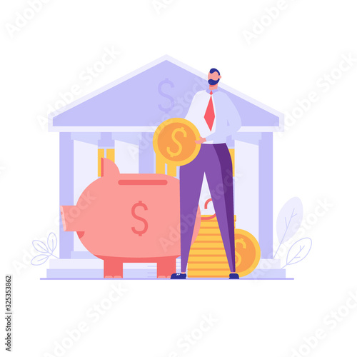 Man puts money in piggy bank with coins and credit card. Concept of banking, saving money, deposit, cash back. Vector illustration in flat design for UI, web banner, mobile app