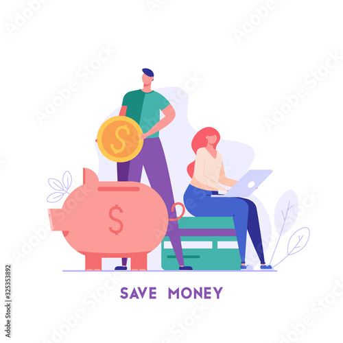 Man and woman put money in piggy bank with coins and credit card. Concept of banking, saving money, deposit, cash back. Vector illustration in flat design for UI, web banner, mobile app