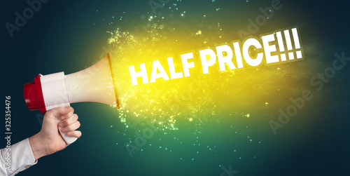 Quadro su tela Young woman yelling to loudspeaker with HALF PRICE!!! inscription, modern media