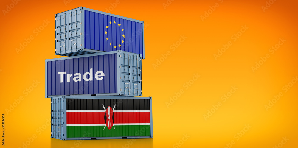 Freight container with European Union and Kenya flag. 3D Rendering Freight container with European Union and Kenya flag. 3D Rendering
